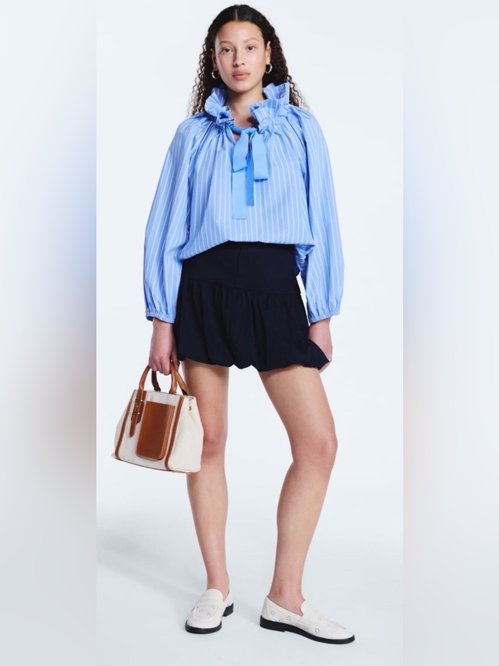 RIXO Blue Stripe Ruffle-Neck Tie Blouse